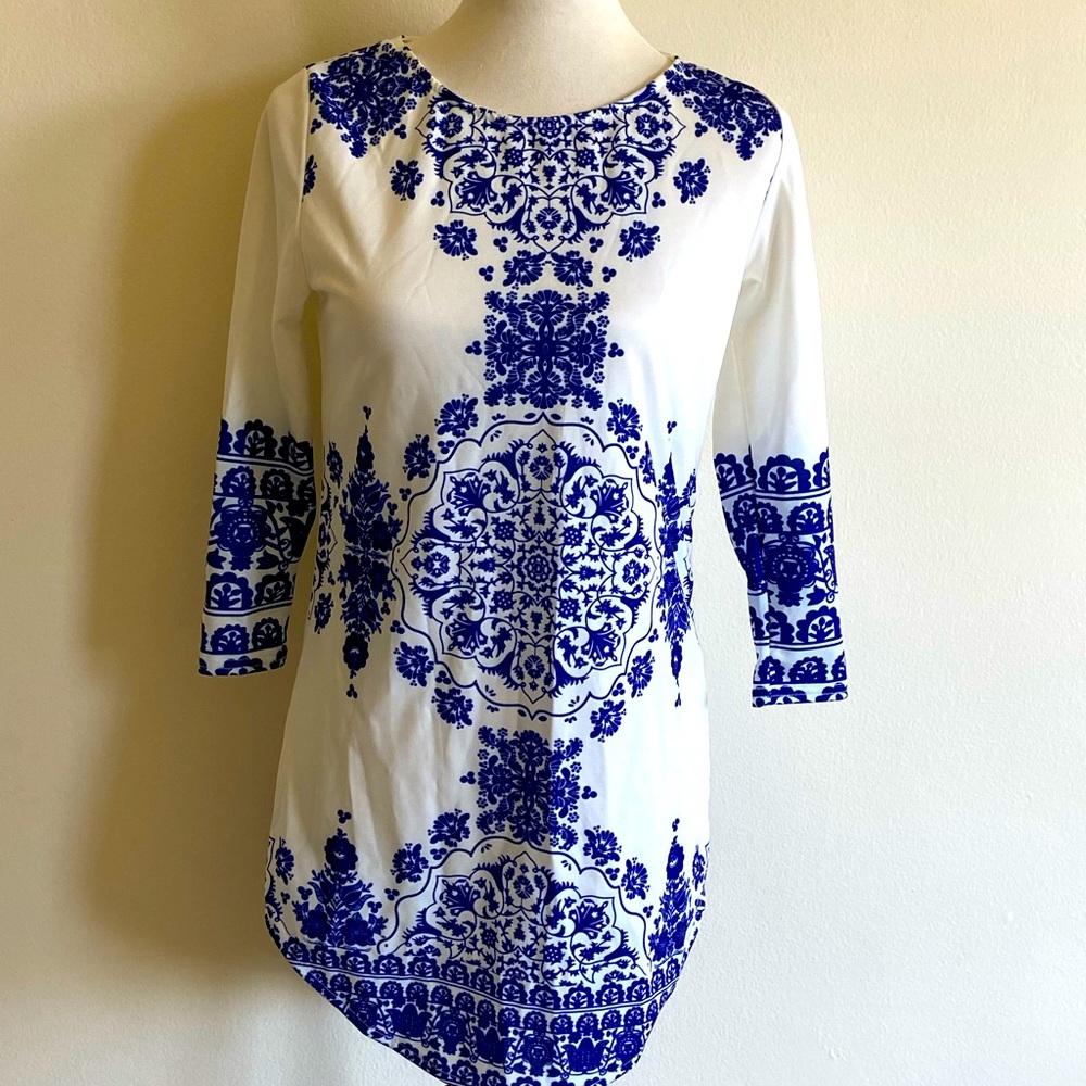 Blue and white tunic dress (or top) medium